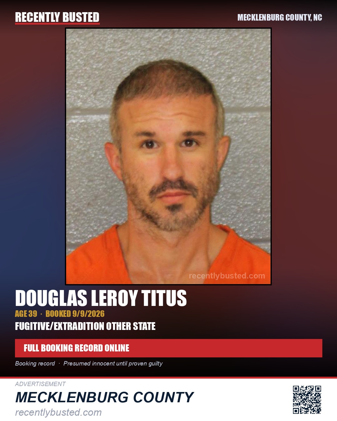 DOUGLAS LEROY TITUS — arrest record card, Mecklenburg County, North Carolina