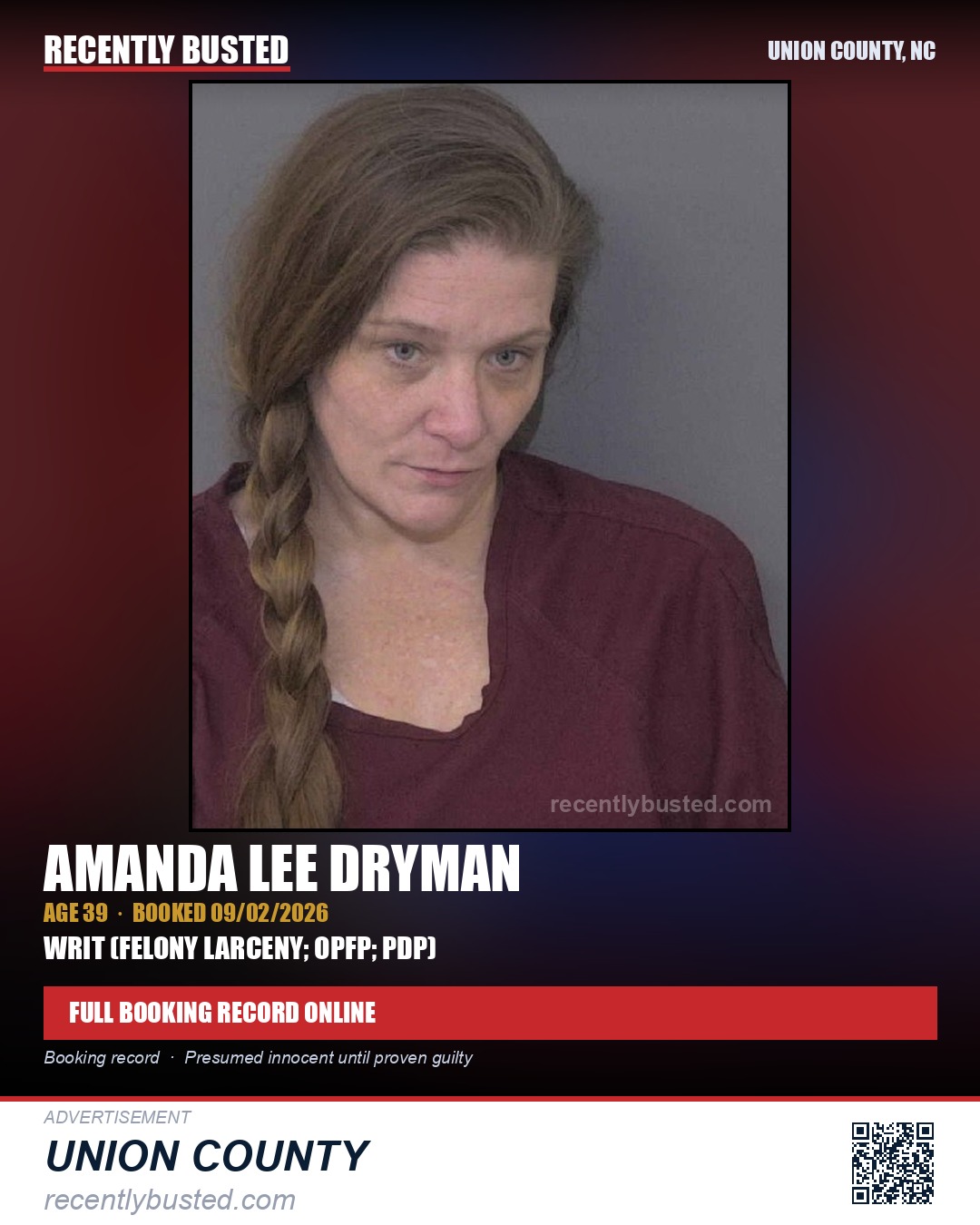 DRYMAN, AMANDA LEE — arrest record card, Union County, North Carolina