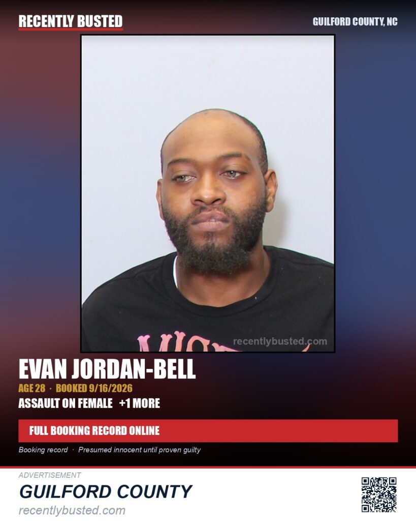 EVAN JORDAN-BELL — arrest record card, Guilford County, North Carolina