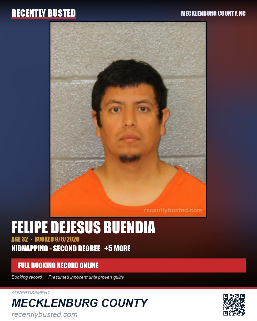 FELIPE DEJESUS BUENDIA — arrest record card, Mecklenburg County, North Carolina