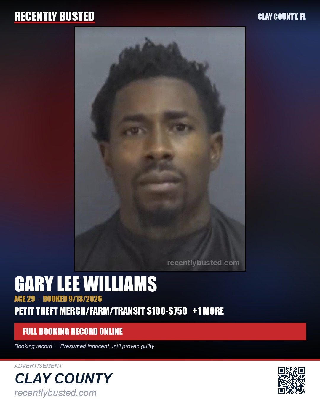 GARY LEE WILLIAMS — arrest record card, Clay County, Florida