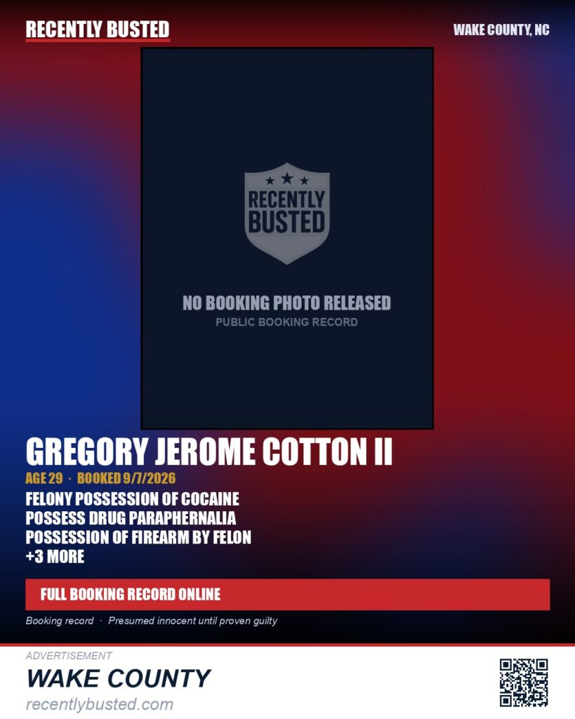 GREGORY JEROME COTTON II — arrest record card, Wake County, North Carolina