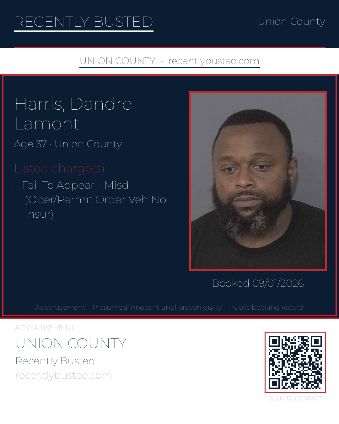 HARRIS, DANDRE LAMONT — arrest record card, Union County, North Carolina