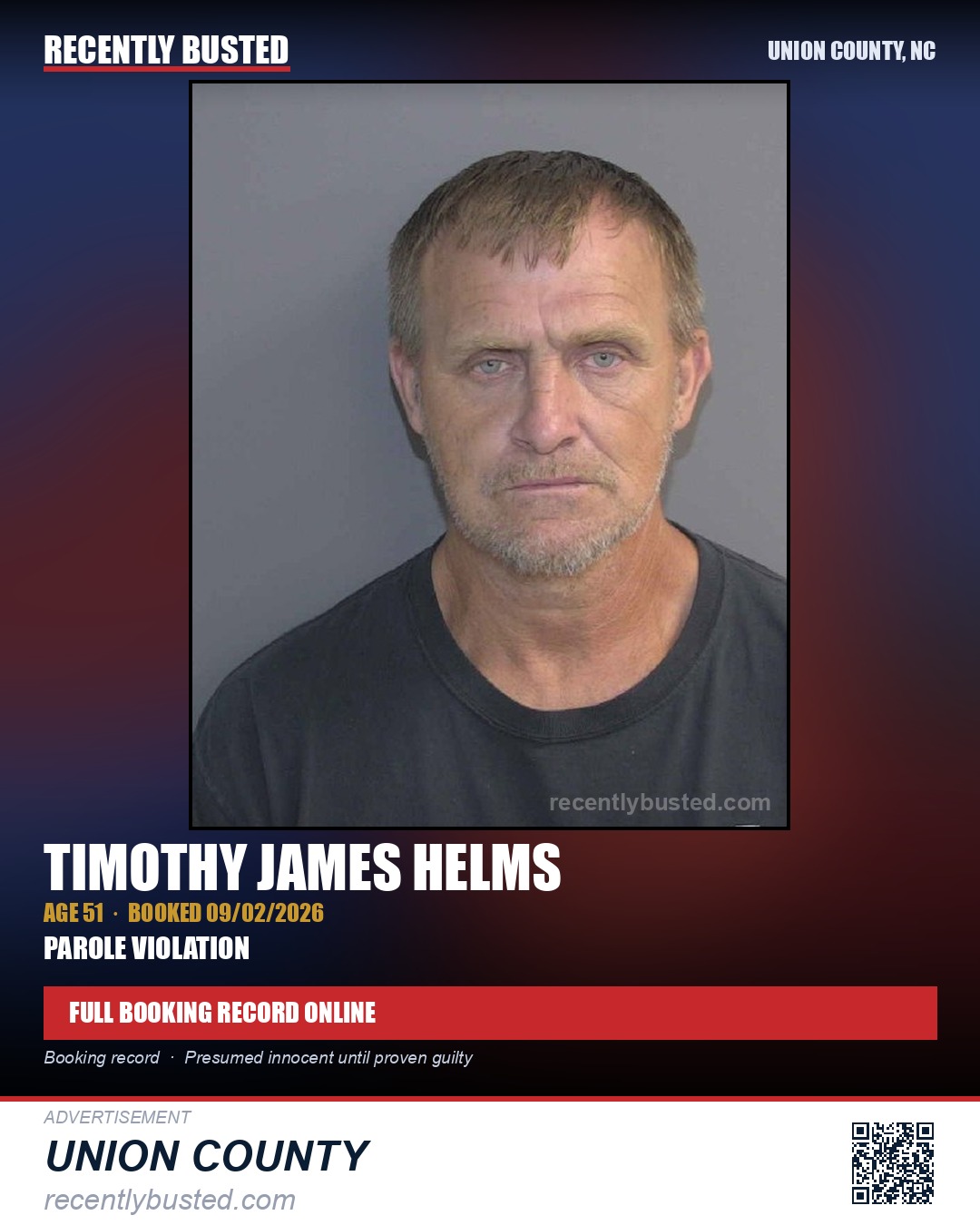 HELMS, TIMOTHY JAMES — arrest record card, Union County, North Carolina