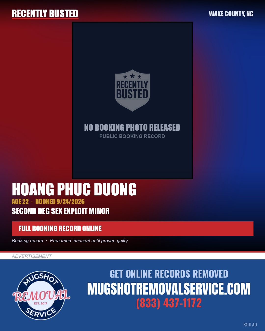 HOANG PHUC DUONG — arrest record card, Wake County, North Carolina