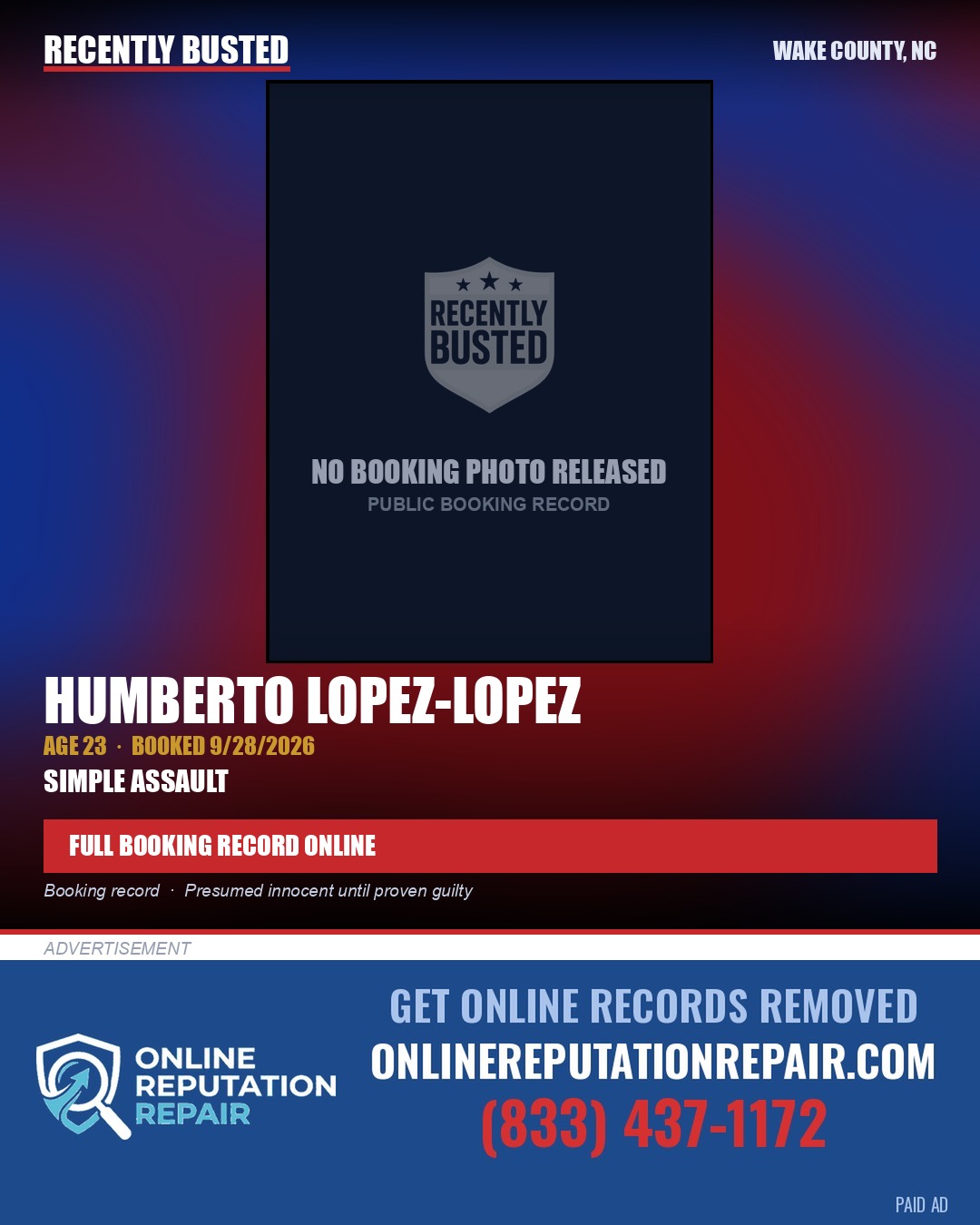 HUMBERTO LOPEZ-LOPEZ — arrest record card, Wake County, North Carolina