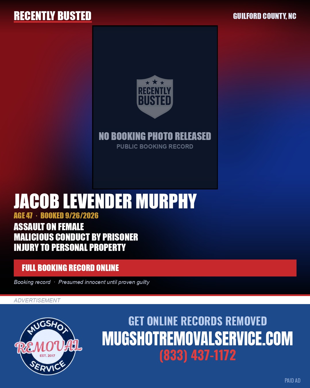 JACOB LEVENDER MURPHY — arrest record card, Guilford County, North Carolina