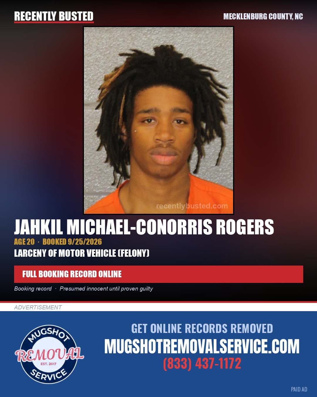 JAHKIL MICHAEL-CONORRIS ROGERS — arrest record card, Mecklenburg County, North Carolina