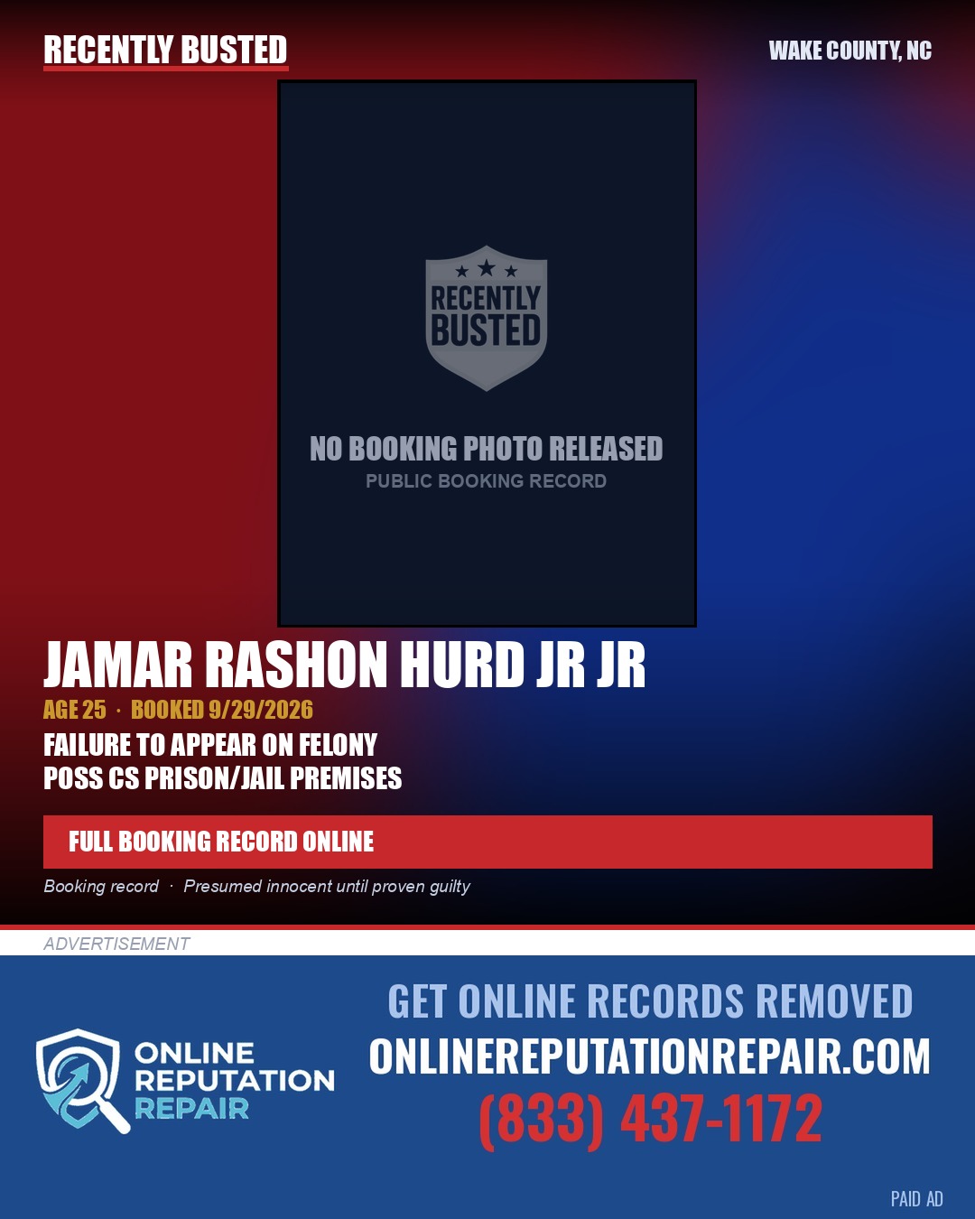 JAMAR RASHON HURD JR JR — arrest record card, Wake County, North Carolina