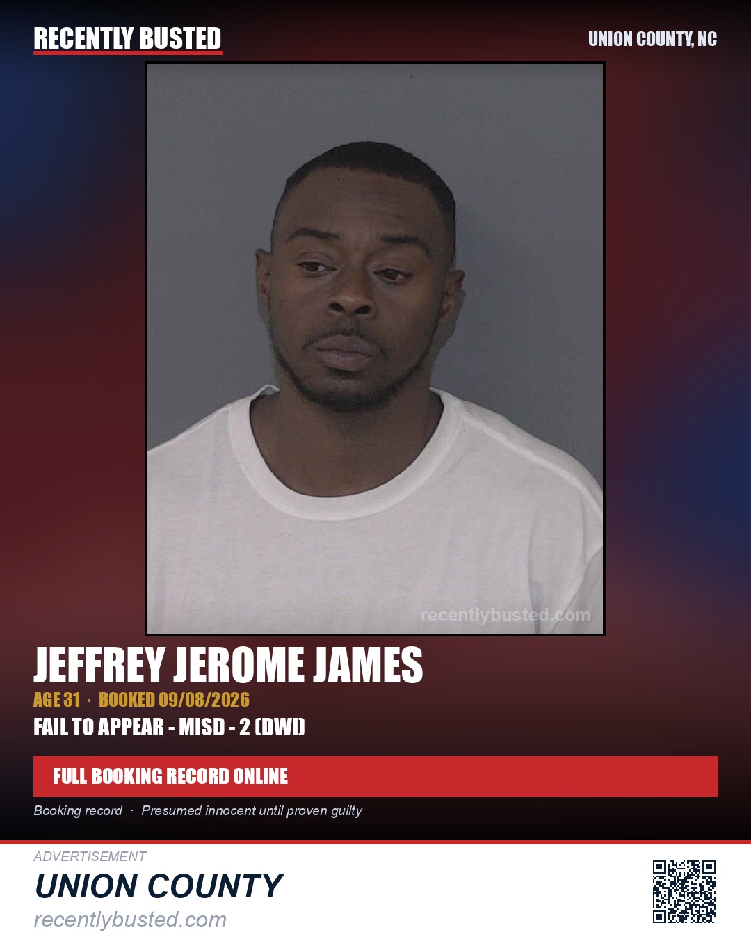 JAMES, JEFFREY JEROME — arrest record card, Union County, North Carolina