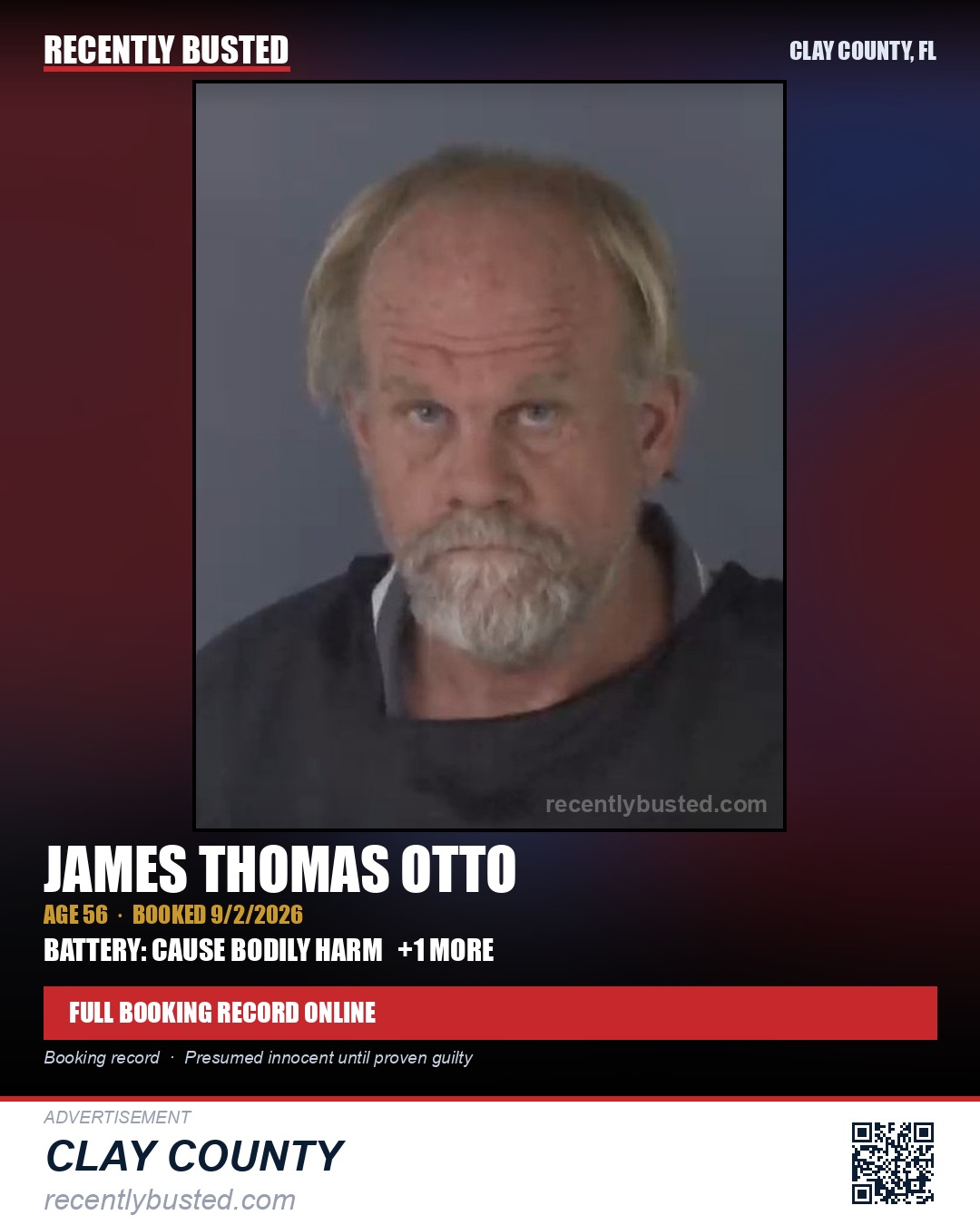 JAMES THOMAS OTTO — arrest record card, Clay County, Florida