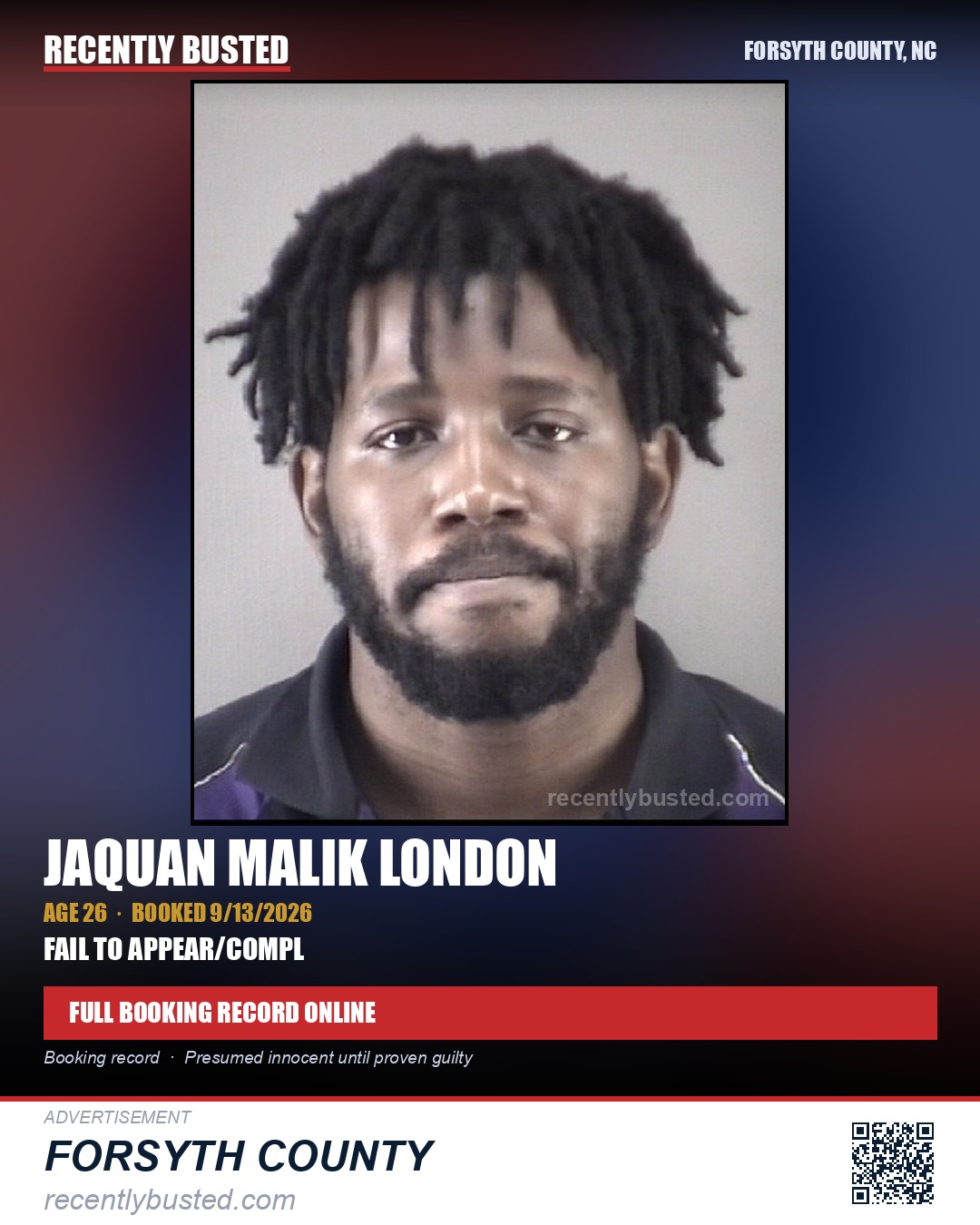 JAQUAN MALIK LONDON — arrest record card, Forsyth County, North Carolina