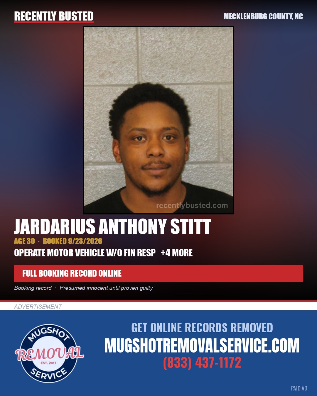 JARDARIUS ANTHONY STITT — arrest record card, Mecklenburg County, North Carolina