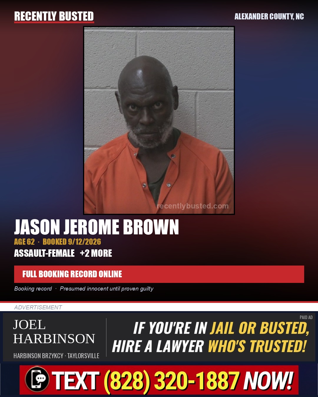JASON JEROME BROWN — arrest record card, Alexander County, North Carolina