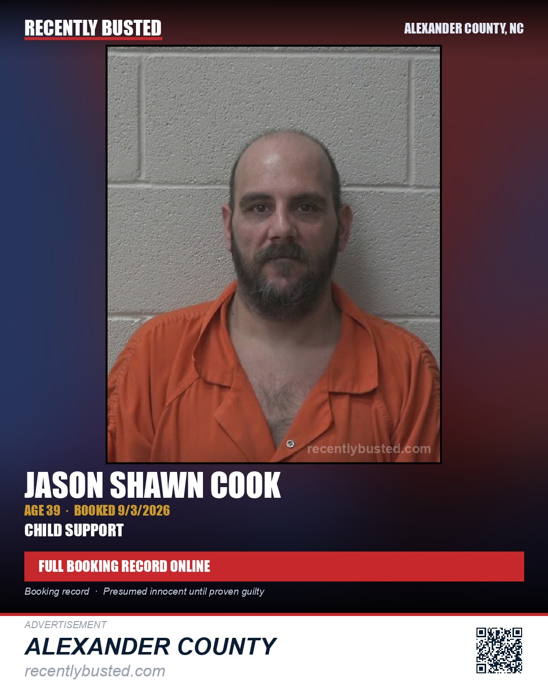 JASON SHAWN COOK — arrest record card, Alexander County, North Carolina