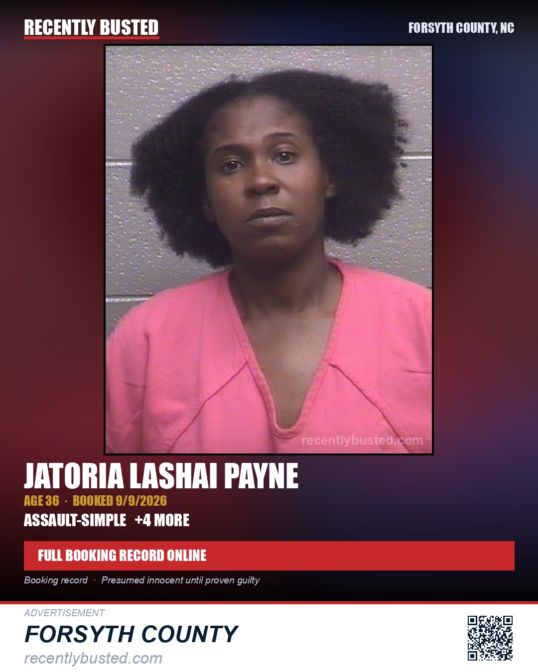 JATORIA LASHAI PAYNE — arrest record card, Forsyth County, North Carolina