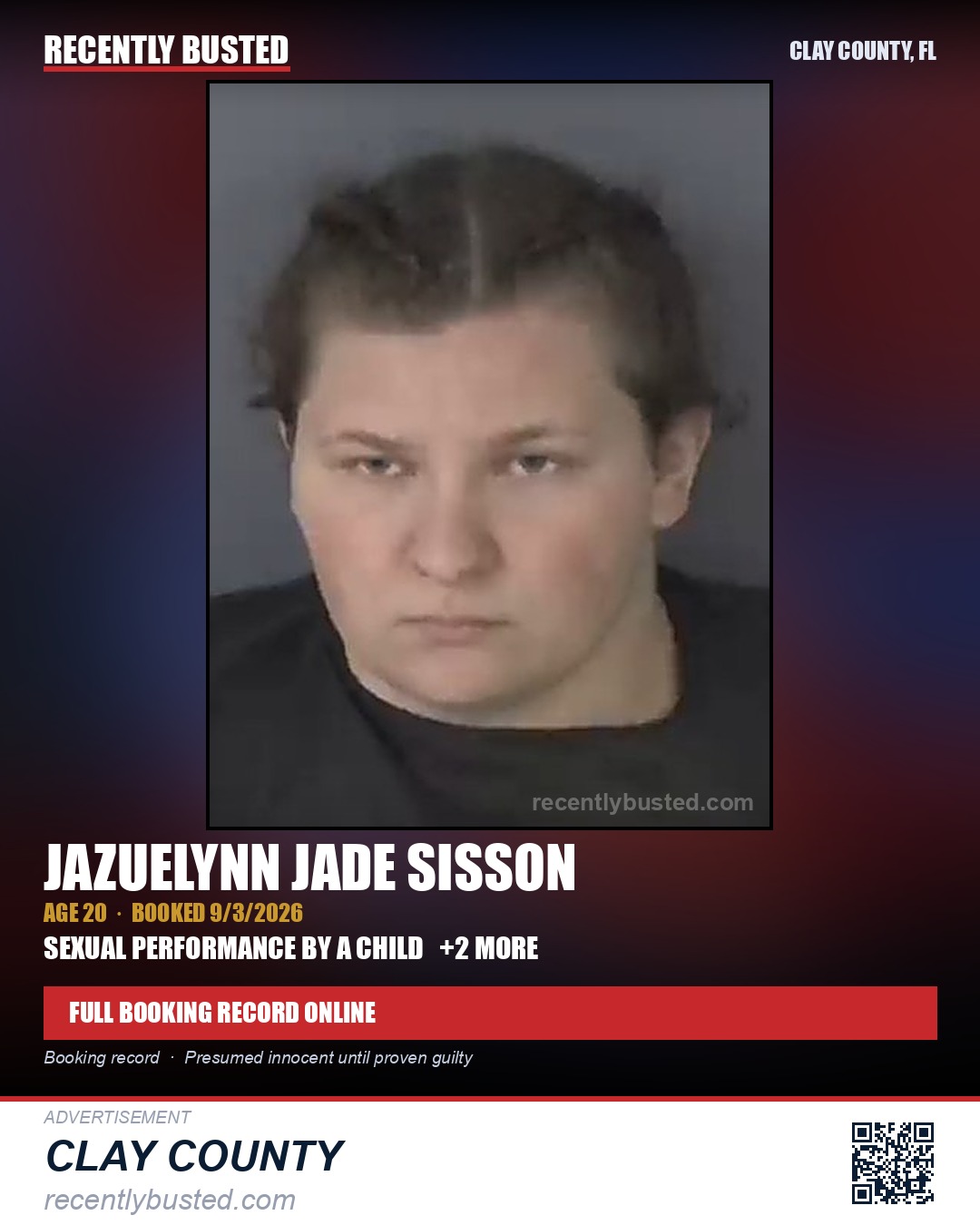 JAZUELYNN JADE SISSON — arrest record card, Clay County, Florida