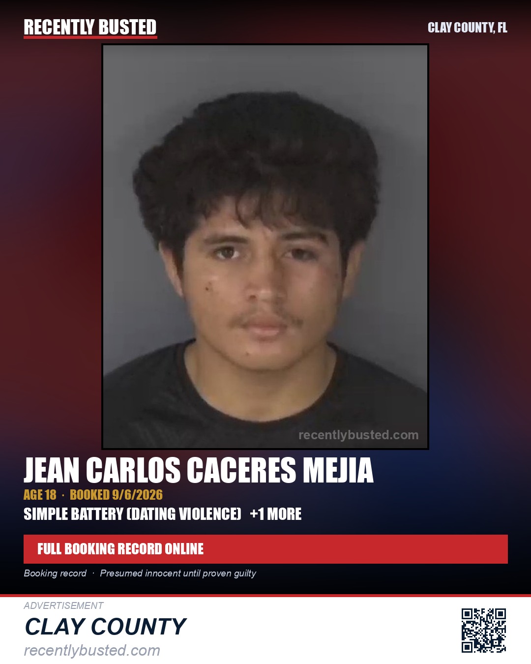 JEAN CARLOS CACERES MEJIA — arrest record card, Clay County, Florida