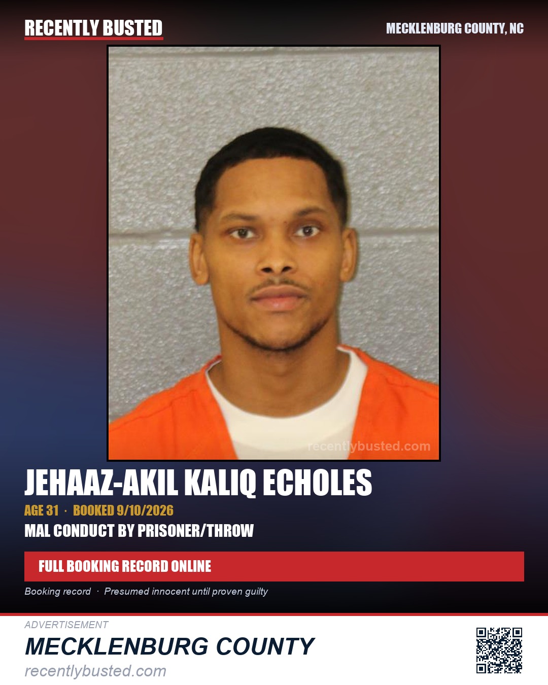 JEHAAZ-AKIL KALIQ ECHOLES — arrest record card, Mecklenburg County, North Carolina
