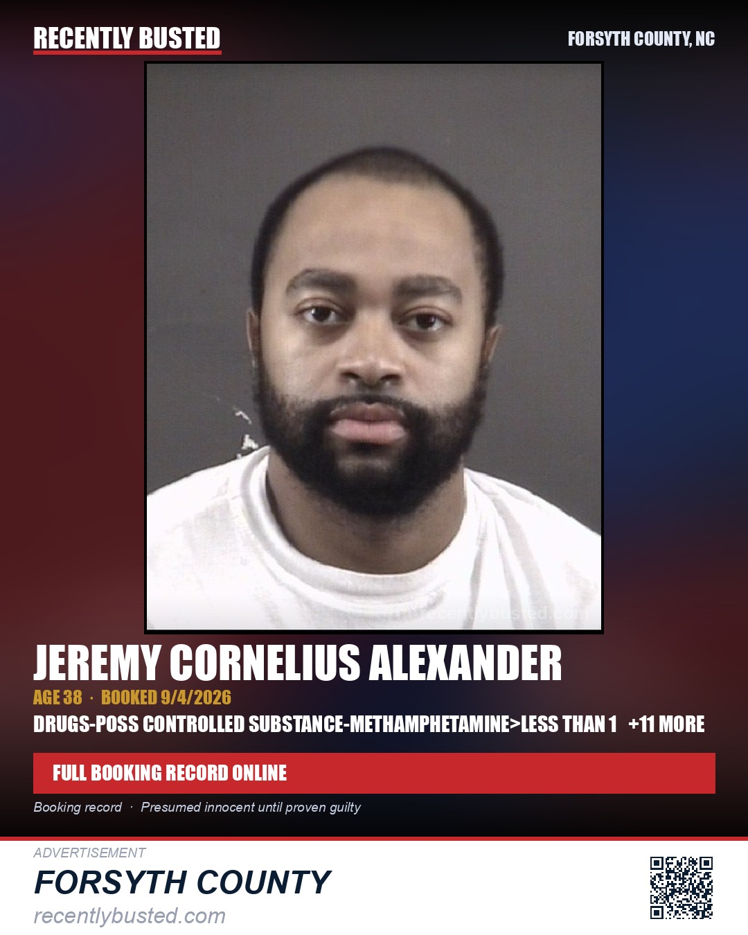 JEREMY CORNELIUS ALEXANDER — arrest record card, Forsyth County, North Carolina