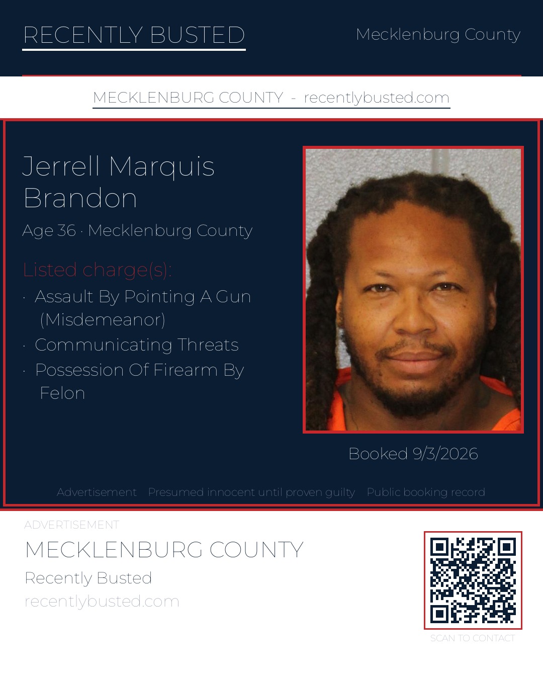JERRELL MARQUIS BRANDON — arrest record card, Mecklenburg County, North Carolina