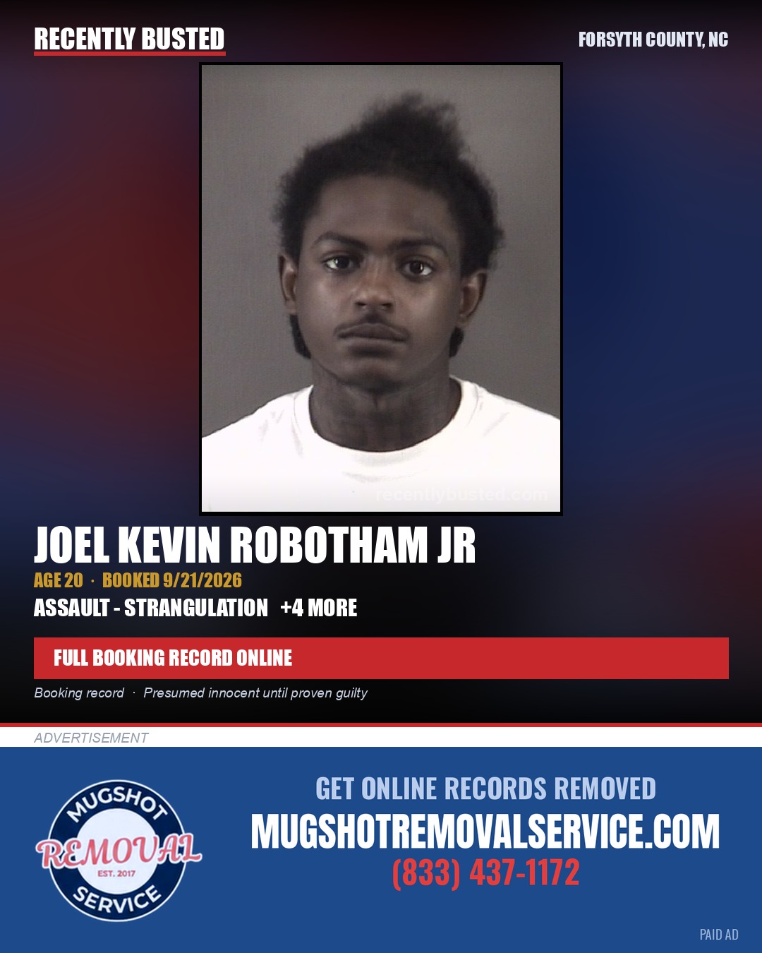 JOEL KEVIN ROBOTHAM JR — arrest record card, Forsyth County, North Carolina