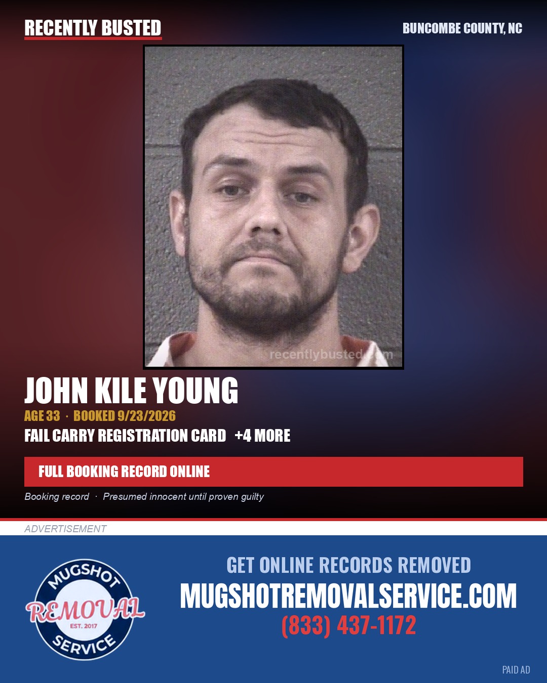 JOHN KILE YOUNG — arrest record card, Buncombe County, North Carolina