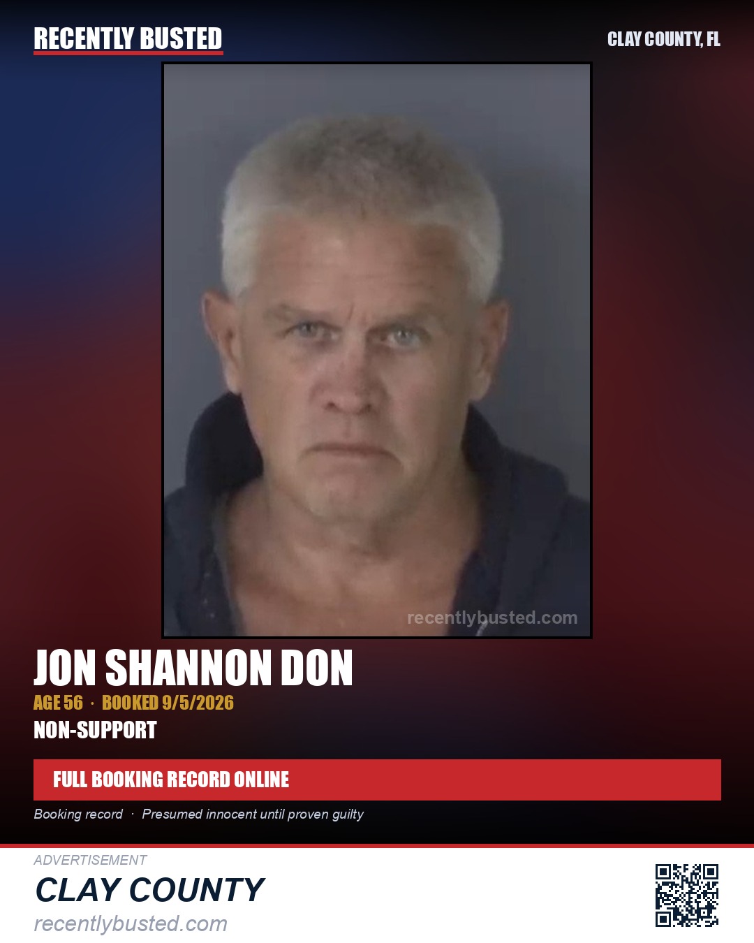 JON SHANNON DON — arrest record card, Clay County, Florida