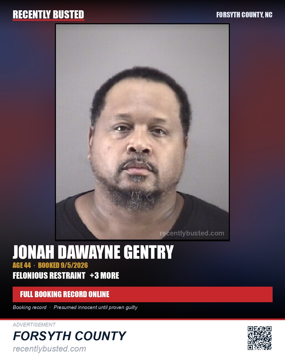 JONAH DAWAYNE GENTRY — arrest record card, Forsyth County, North Carolina