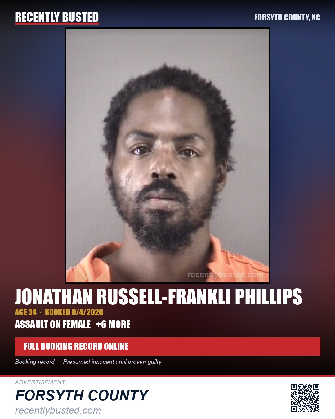 JONATHAN RUSSELL-FRANKLI PHILLIPS — arrest record card, Forsyth County, North Carolina