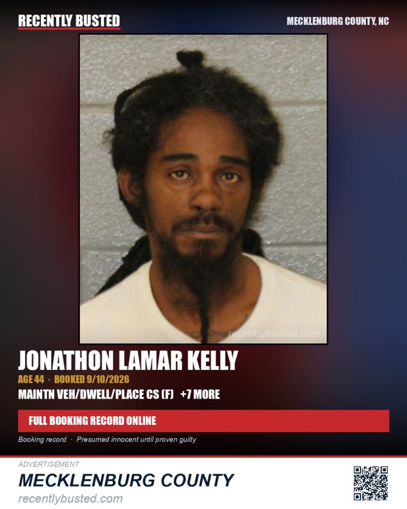 JONATHON LAMAR KELLY — arrest record card, Mecklenburg County, North Carolina