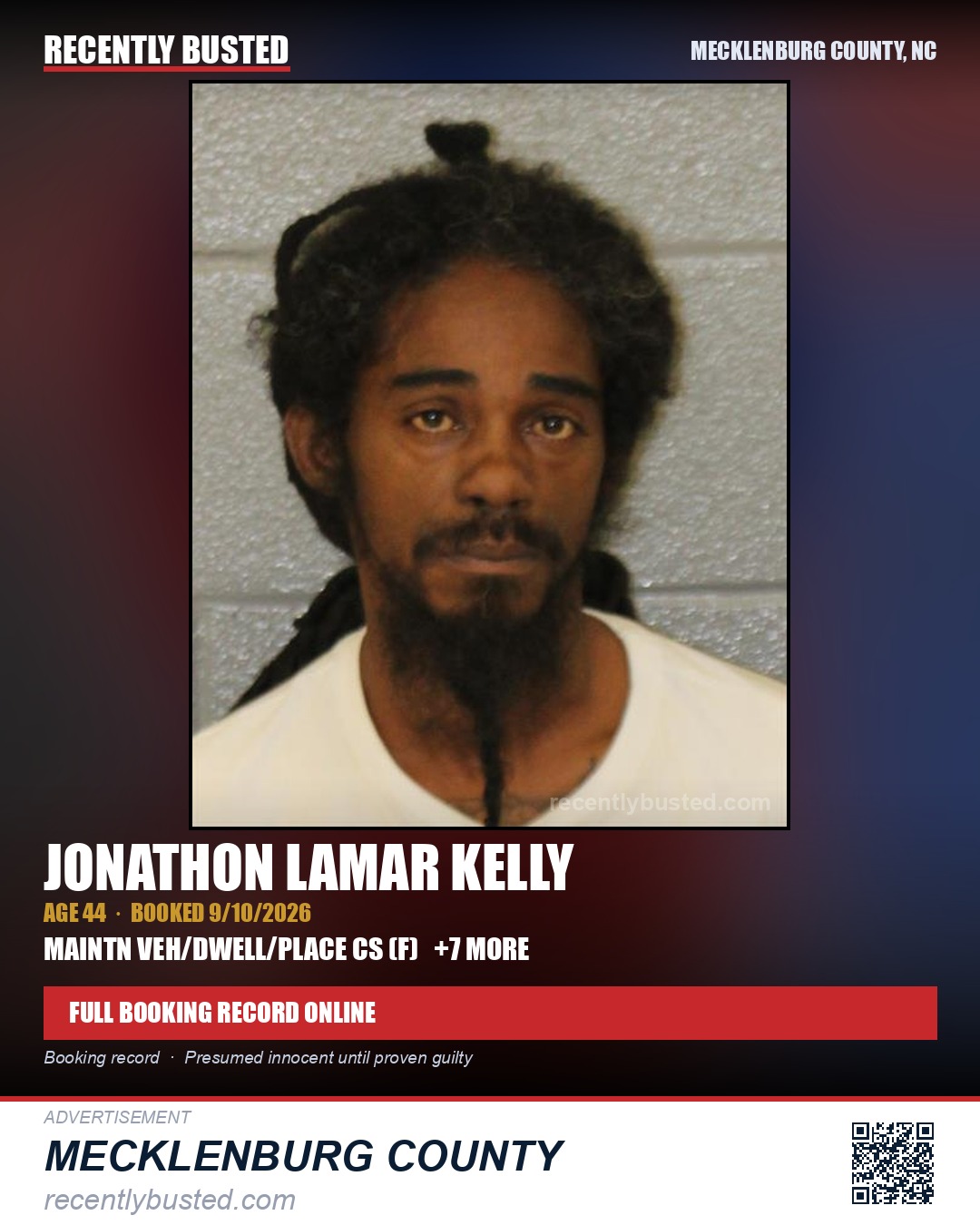 JONATHON LAMAR KELLY — arrest record card, Mecklenburg County, North Carolina