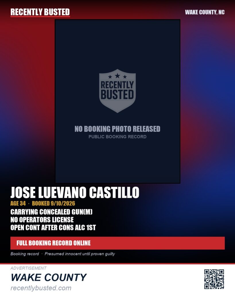 JOSE LUEVANO CASTILLO — arrest record card, Wake County, North Carolina