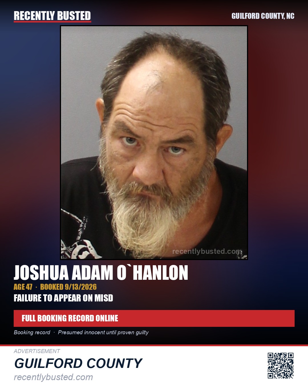 JOSHUA ADAM O`HANLON — arrest record card, Guilford County, North Carolina