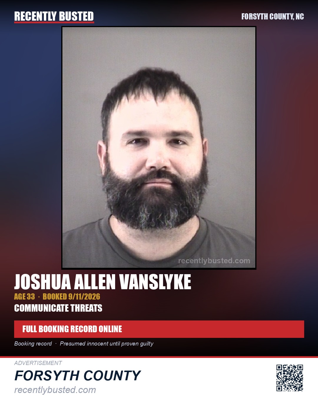 JOSHUA ALLEN VANSLYKE — arrest record card, Forsyth County, North Carolina