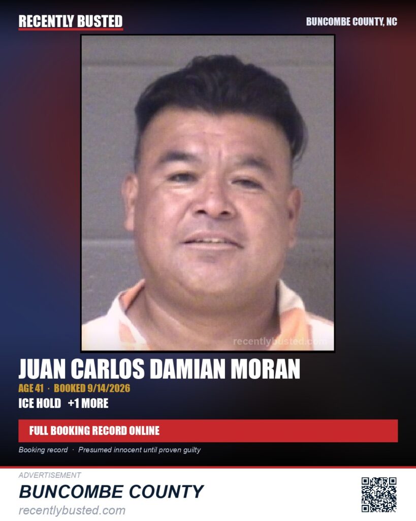 JUAN CARLOS DAMIAN MORAN — arrest record card, Buncombe County, North Carolina