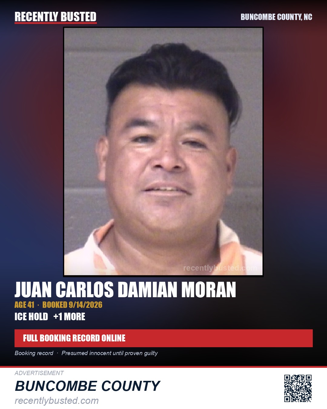 JUAN CARLOS DAMIAN MORAN — arrest record card, Buncombe County, North Carolina