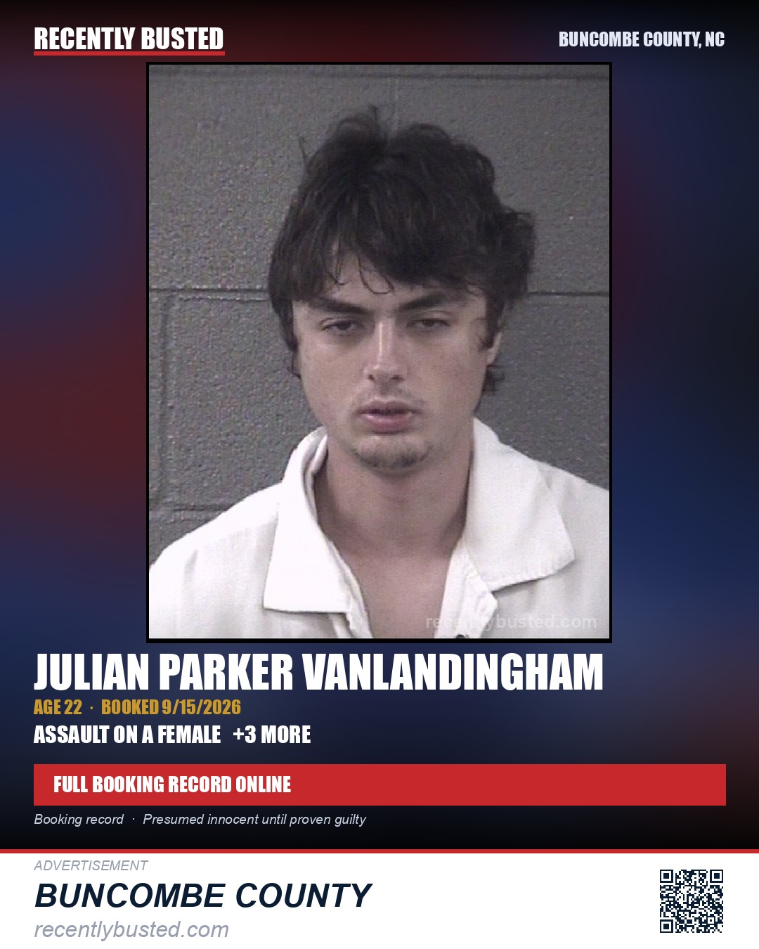 JULIAN PARKER VANLANDINGHAM — arrest record card, Buncombe County, North Carolina
