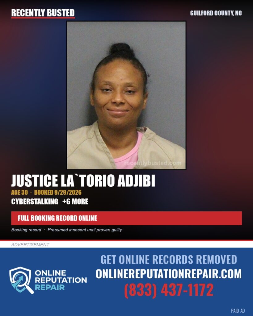 JUSTICE LA`TORIO ADJIBI — arrest record card, Guilford County, North Carolina