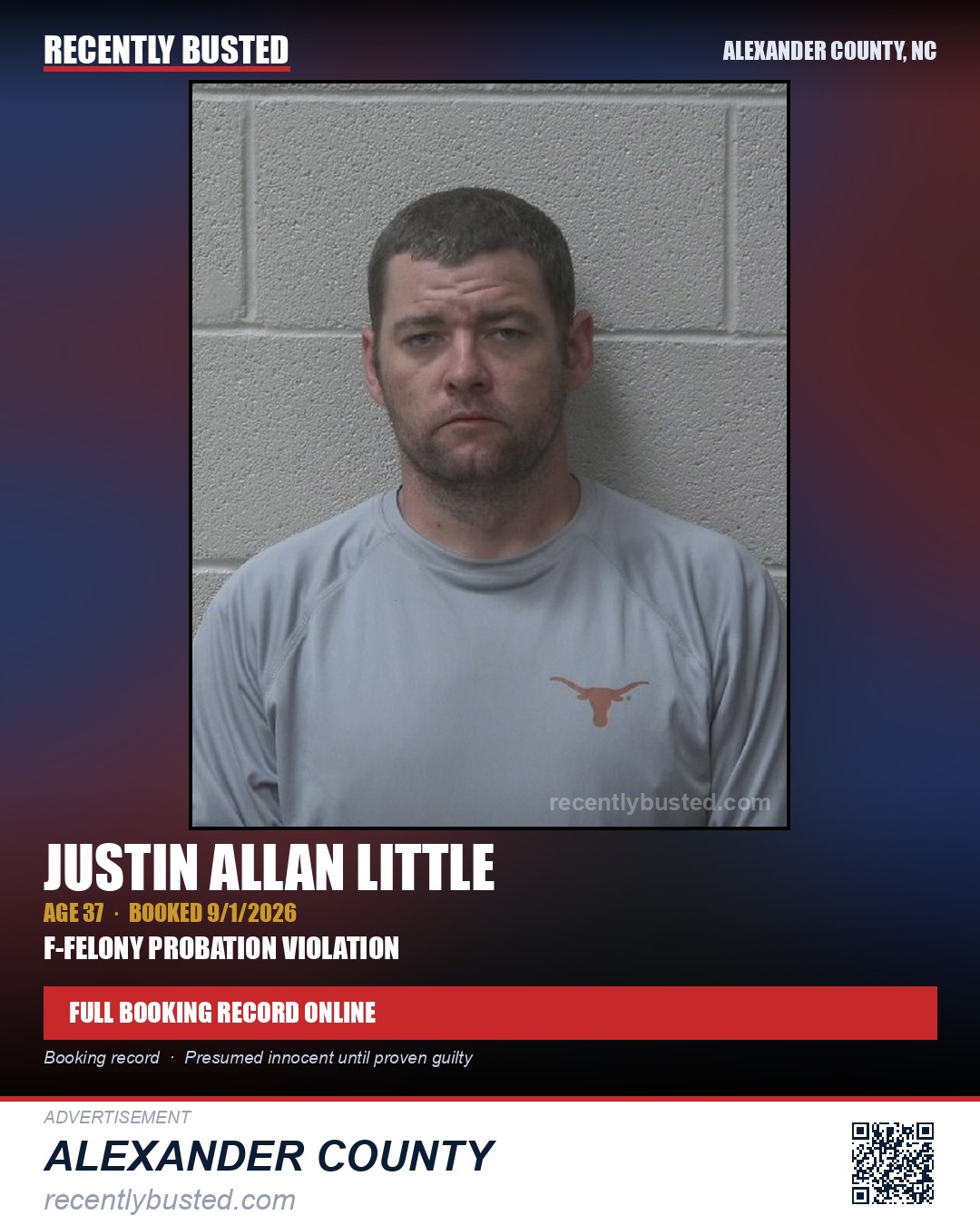 JUSTIN ALLAN LITTLE — arrest record card, Alexander County, North Carolina