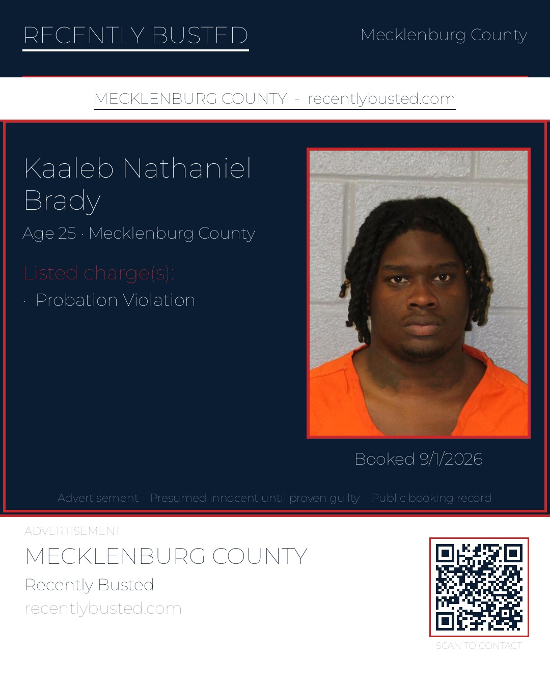 KAALEB NATHANIEL BRADY — arrest record card, Mecklenburg County, North Carolina