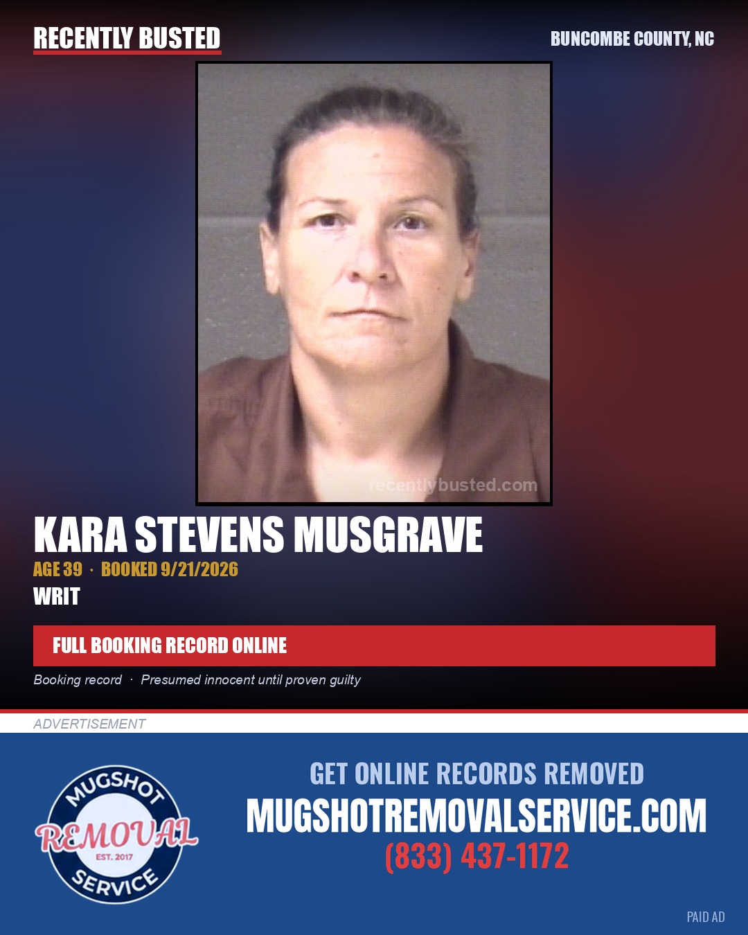 KARA STEVENS MUSGRAVE — arrest record card, Buncombe County, North Carolina