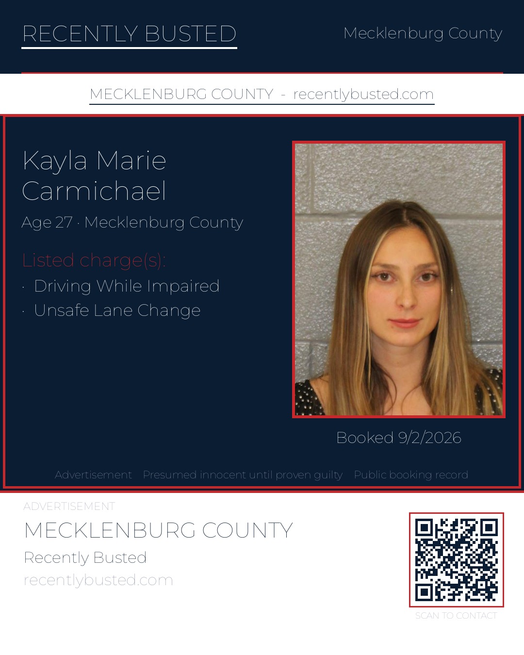 KAYLA MARIE CARMICHAEL — arrest record card, Mecklenburg County, North Carolina