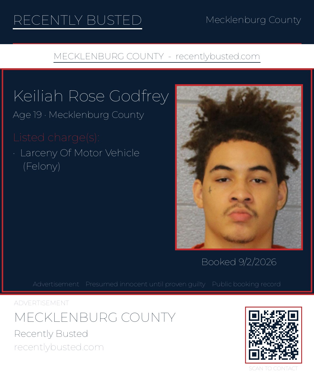 KEILIAH ROSE GODFREY — arrest record card, Mecklenburg County, North Carolina