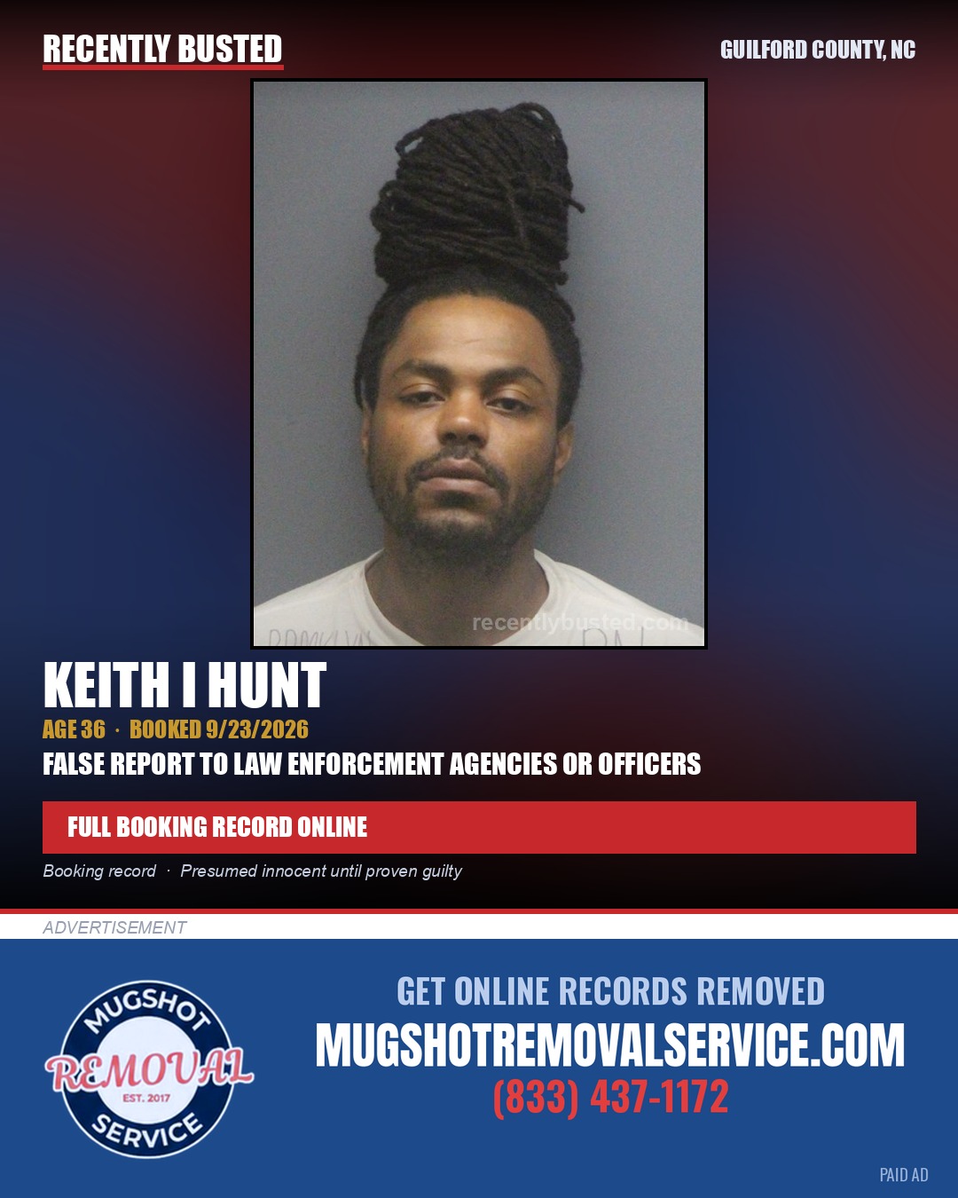 KEITH I HUNT — arrest record card, Guilford County, North Carolina