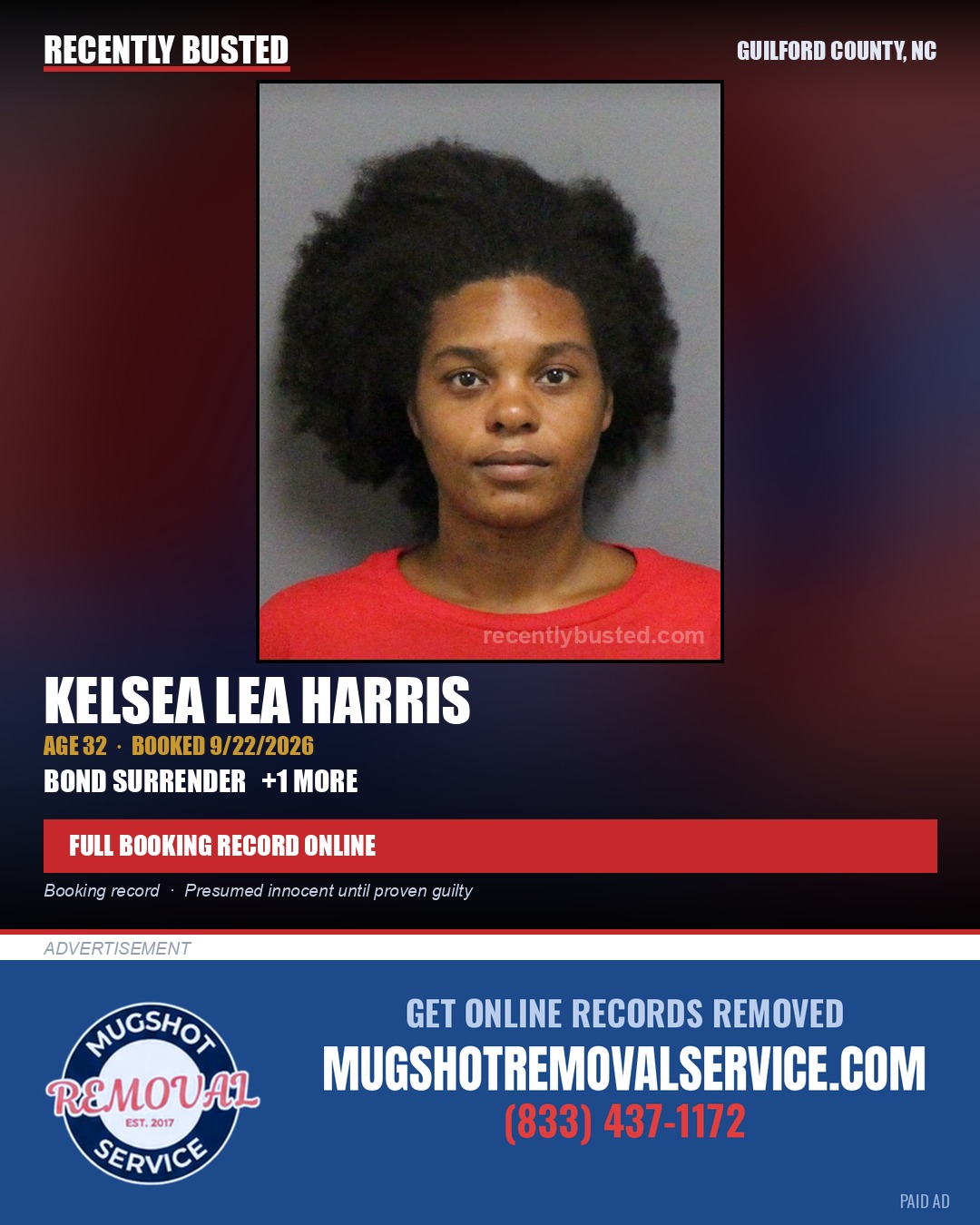 KELSEA LEA HARRIS — arrest record card, Guilford County, North Carolina