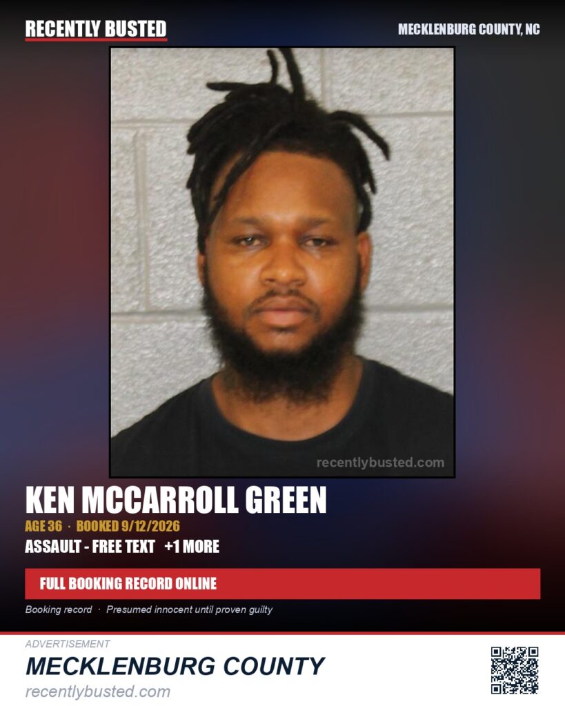 KEN MCCARROLL GREEN — arrest record card, Mecklenburg County, North Carolina
