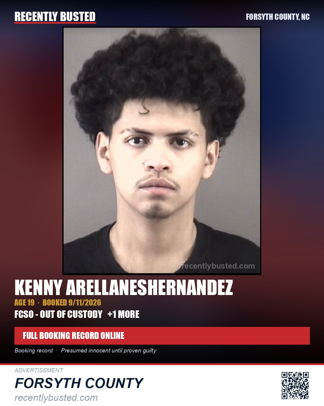 KENNY ARELLANESHERNANDEZ — arrest record card, Forsyth County, North Carolina