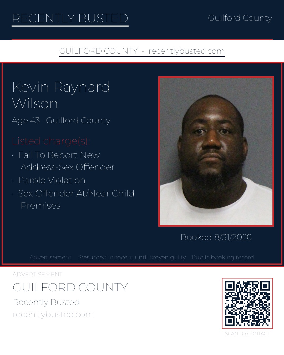 KEVIN RAYNARD WILSON — arrest record card, Guilford County, North Carolina