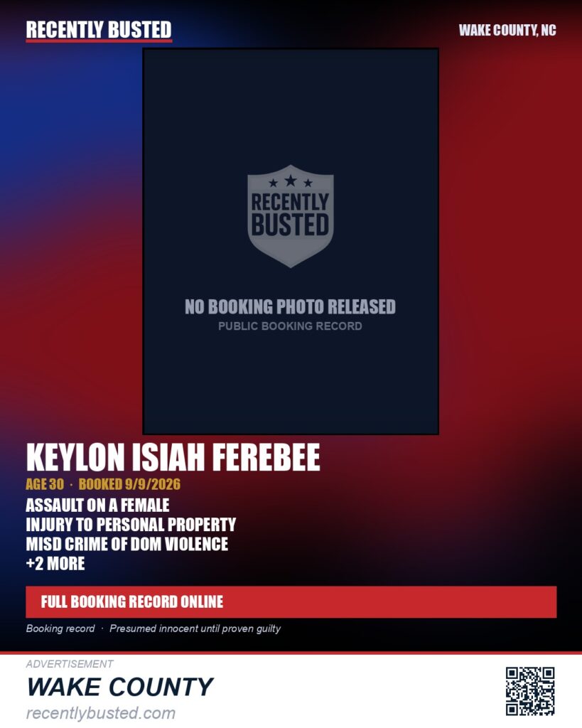 KEYLON ISIAH FEREBEE — arrest record card, Wake County, North Carolina